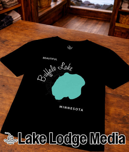 Black t-shirt with "Buffalo Lake Minnesota" and a turquoise lake outline.