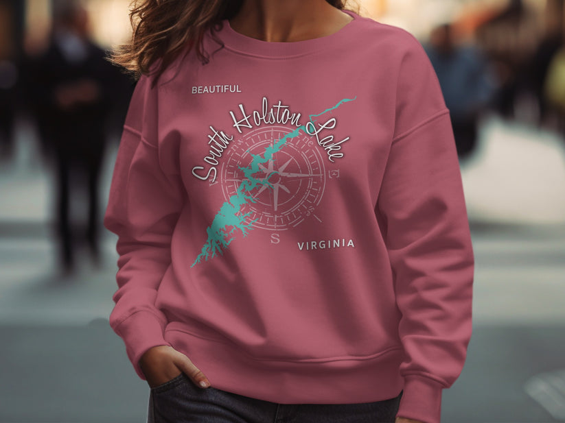 Pink sweatshirt with "Beautiful South Holston Lake Virginia" and compass rose graphic.