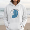 White hoodie with Newnans Lake Florida graphic and compass rose design.