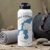 White water bottle with Saint Germain map graphic and compass rose.