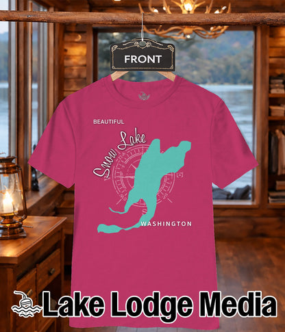 Pink t-shirt with teal "Snow Lake Washington" map graphic and compass rose.