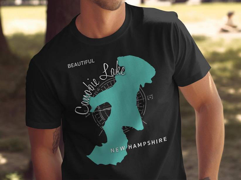 Black t-shirt with teal outline map of Canobie Lake, New Hampshire.