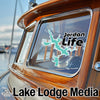 Jordan Life decal on boat window with Lake Lodge Media logo below.