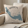 Pillow with Lake Marion map graphic and compass rose, reads "Lake Marion South Carolina".