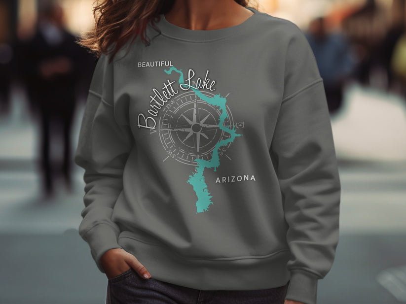 Gray sweatshirt with "Beautiful Bartlett Lake Arizona" map graphic and compass rose.