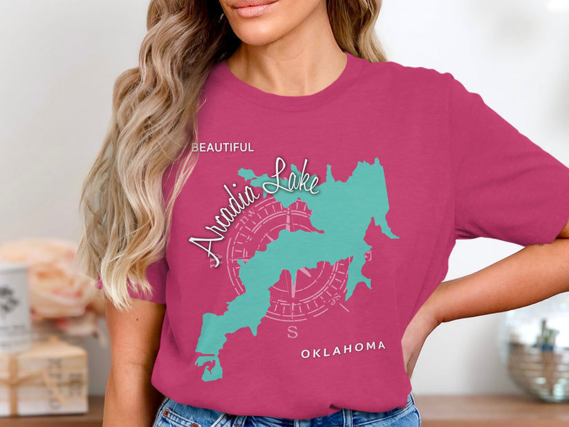 Teal map of Arcadia Lake, Oklahoma on a pink t-shirt.