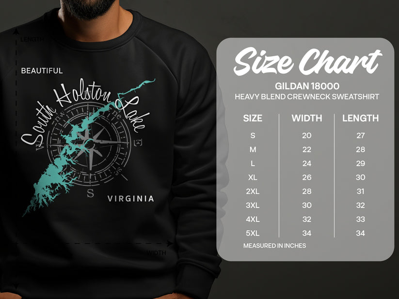Size chart for Gildan 18000 sweatshirt with South Holston Lake design.