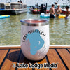 White wine tumbler featuring a blue map of Lake Istokpoga, Florida, on a boat deck.