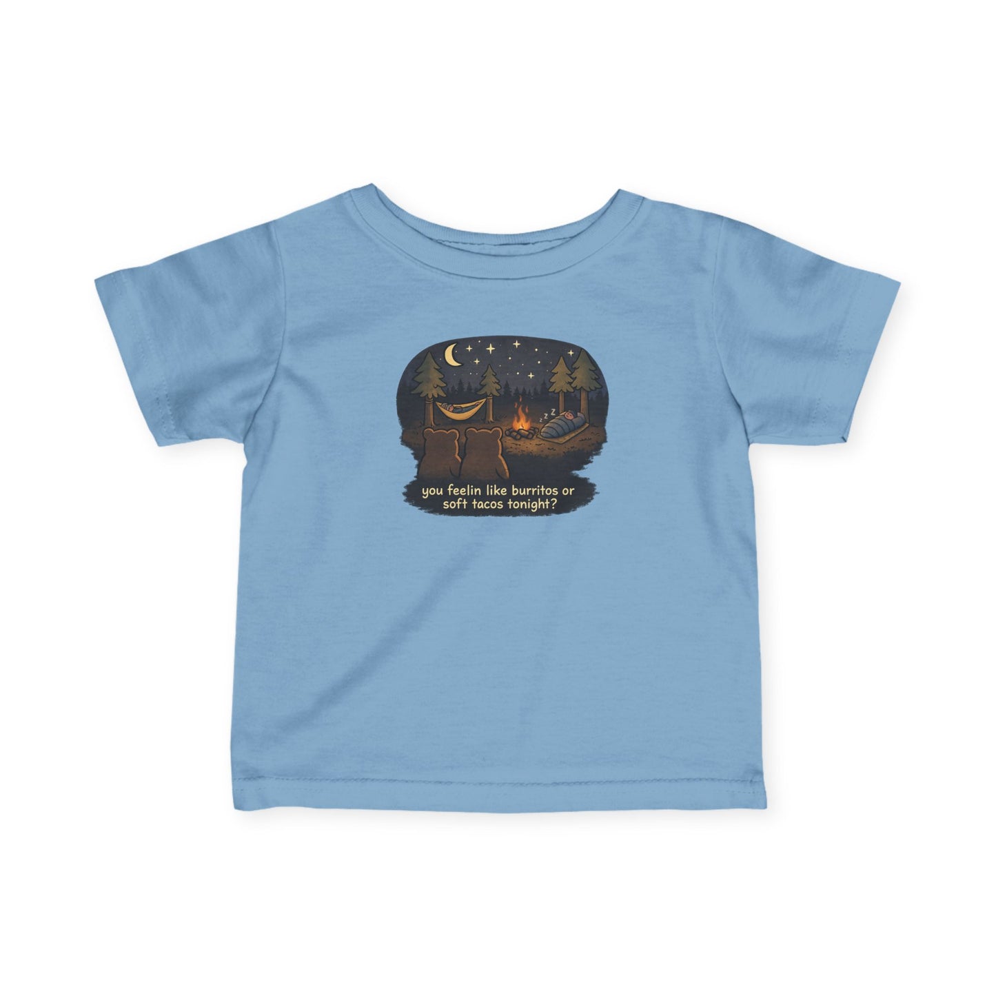 Campfire Bears Humor Baby Toddler Shirt, People in Sleeping Bags are Bear Burritos and Tacos Joke, Camping Smores Shirt