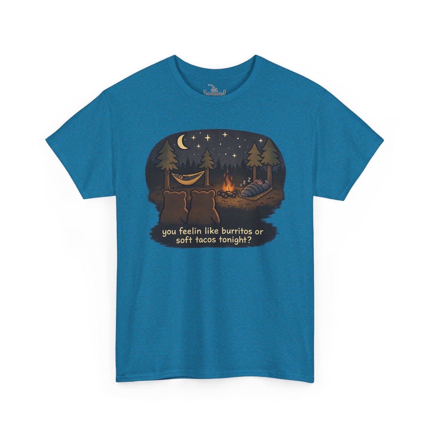 Campfire Bears Humor T-Shirt, People in Sleeping Bags are Bear Burritos and Tacos Joke, Camping Hiking Smores Bonfire Apparel