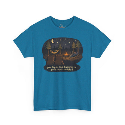 Campfire Bears Humor T-Shirt, People in Sleeping Bags are Bear Burritos and Tacos Joke, Camping Hiking Smores Bonfire Apparel