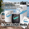 White mug, black tumbler, and white water bottle with Lake Erie design.