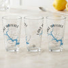 Three clear glasses with "Lake Wateree" text, a compass rose, and South Carolina map graphic.