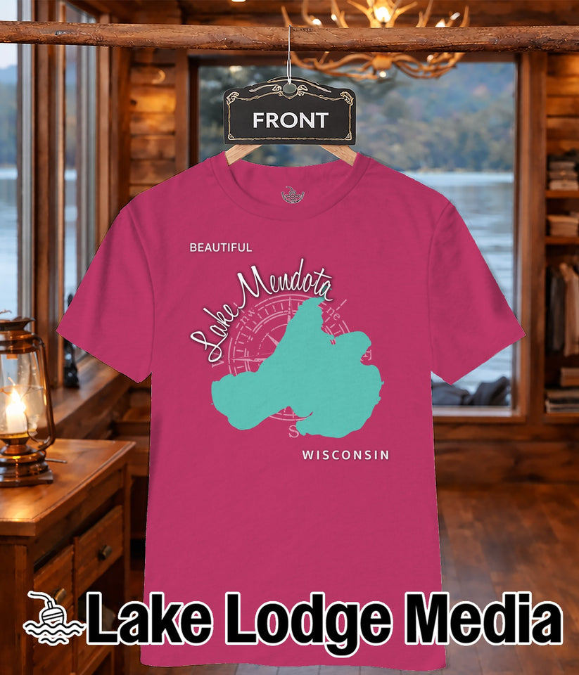 Pink t-shirt with teal Lake Mendota map graphic and "WISCONSIN" text.