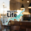 Wisconsin Life sticker featuring a teal outline of a lake on a window.