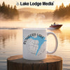 Rushford Lake New York mug with compass and boat on lake background.
