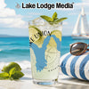 Glass with Lake Union map design, lime, mint, and beach scene.