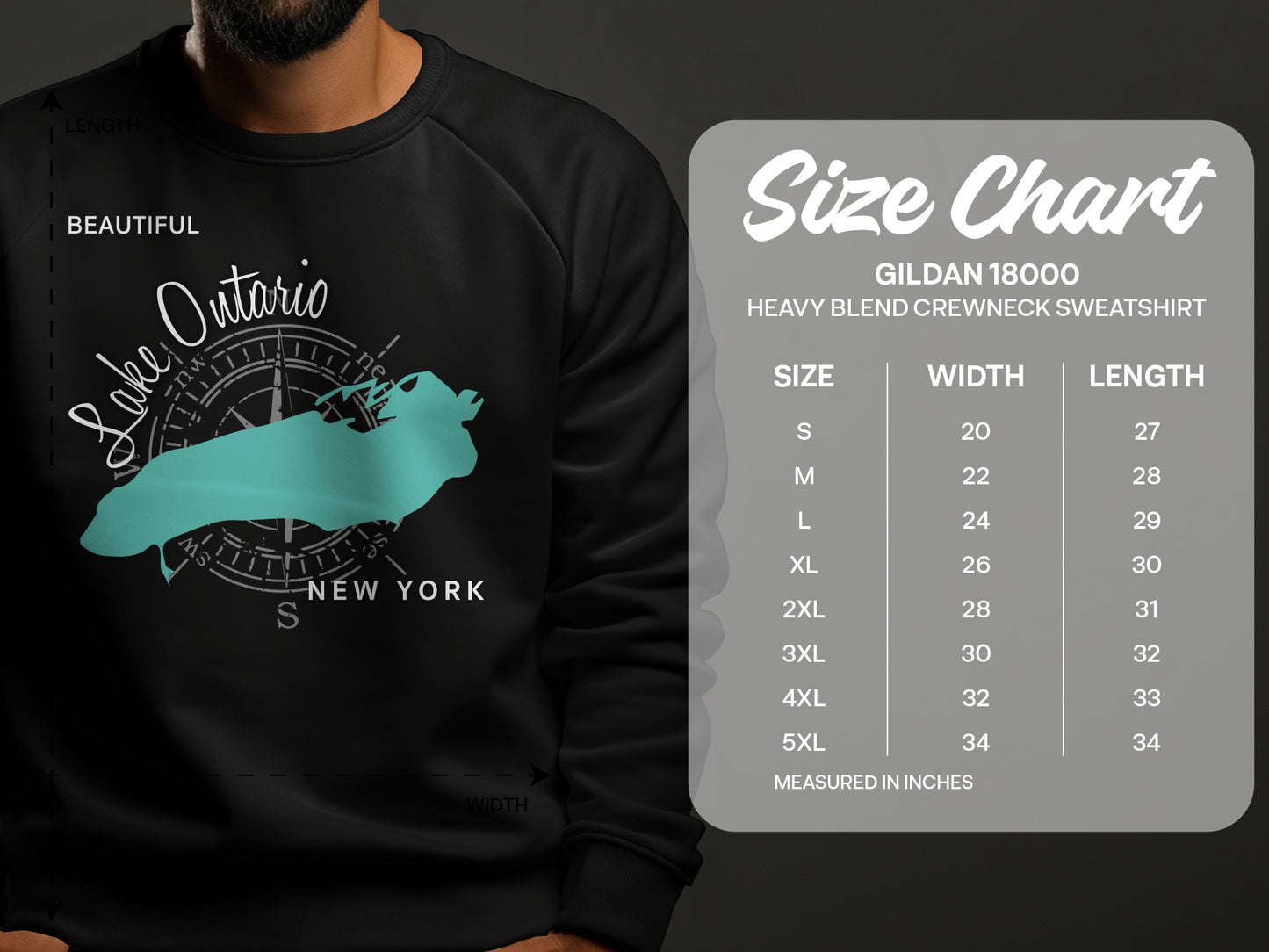 Lake Ontario map and Gildan 18000 sweatshirt size chart with measurements.