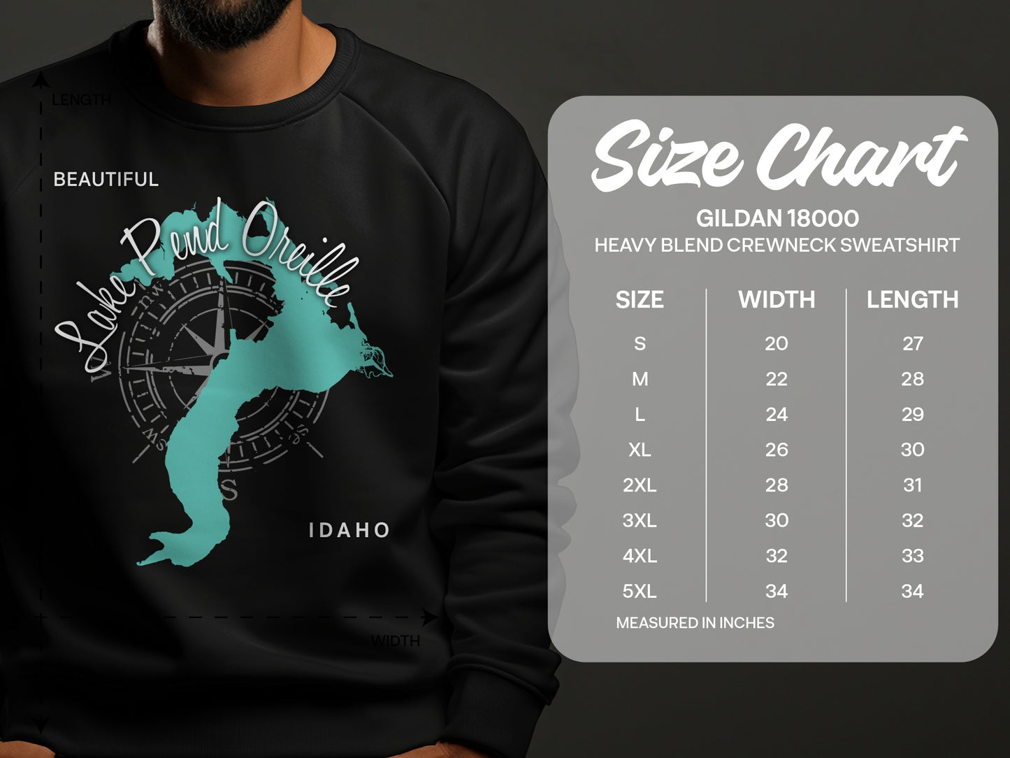 Sweatshirt with Lake Pend Oreille map and Gildan 18000 size chart.
