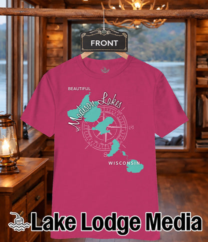 Pink t-shirt with "Madison Lakes Wisconsin" map design and compass rose.