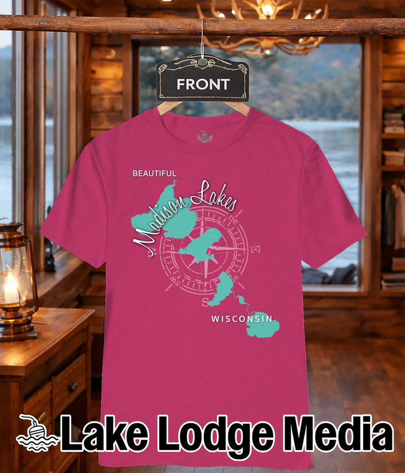 Pink t-shirt with "Madison Lakes Wisconsin" map design and compass rose.