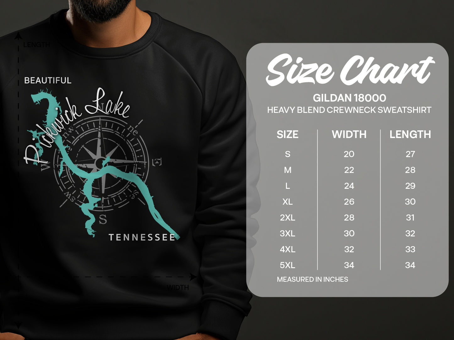 Sweatshirt with Pickwick Lake map and Gildan 18000 size chart.
