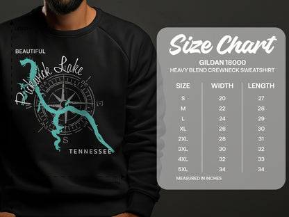 Sweatshirt with Pickwick Lake map and Gildan 18000 size chart.