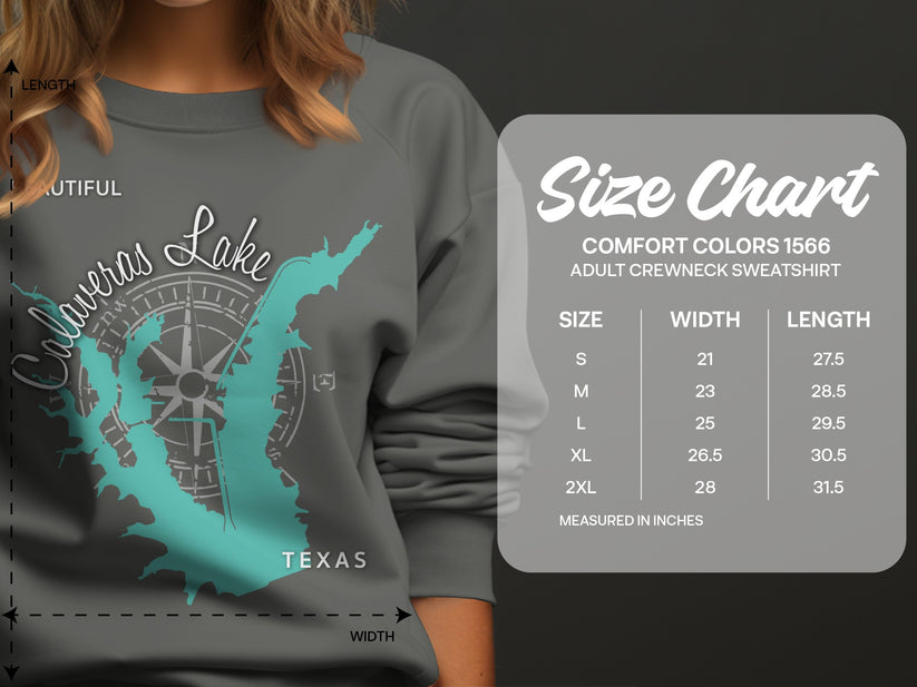 Crewneck sweatshirt size chart with Calaveras Lake graphic.
