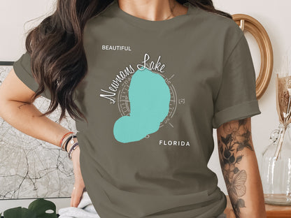 Olive green t-shirt featuring a stylized map of Newman's Lake, Florida.