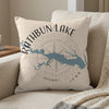 Rathbun Lake Iowa map design on a cream pillow with a compass rose.