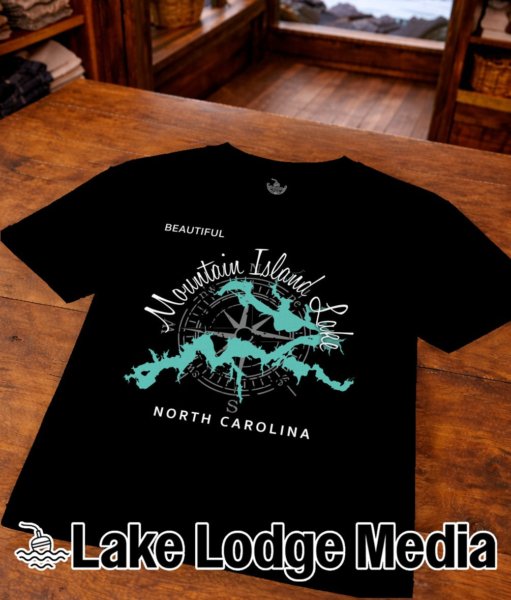 Black t-shirt with "Beautiful Mountain Island Lake North Carolina" and compass design.