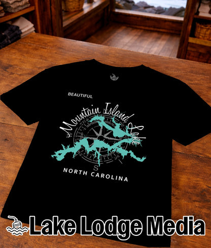 Black t-shirt with "Beautiful Mountain Island Lake North Carolina" and compass design.