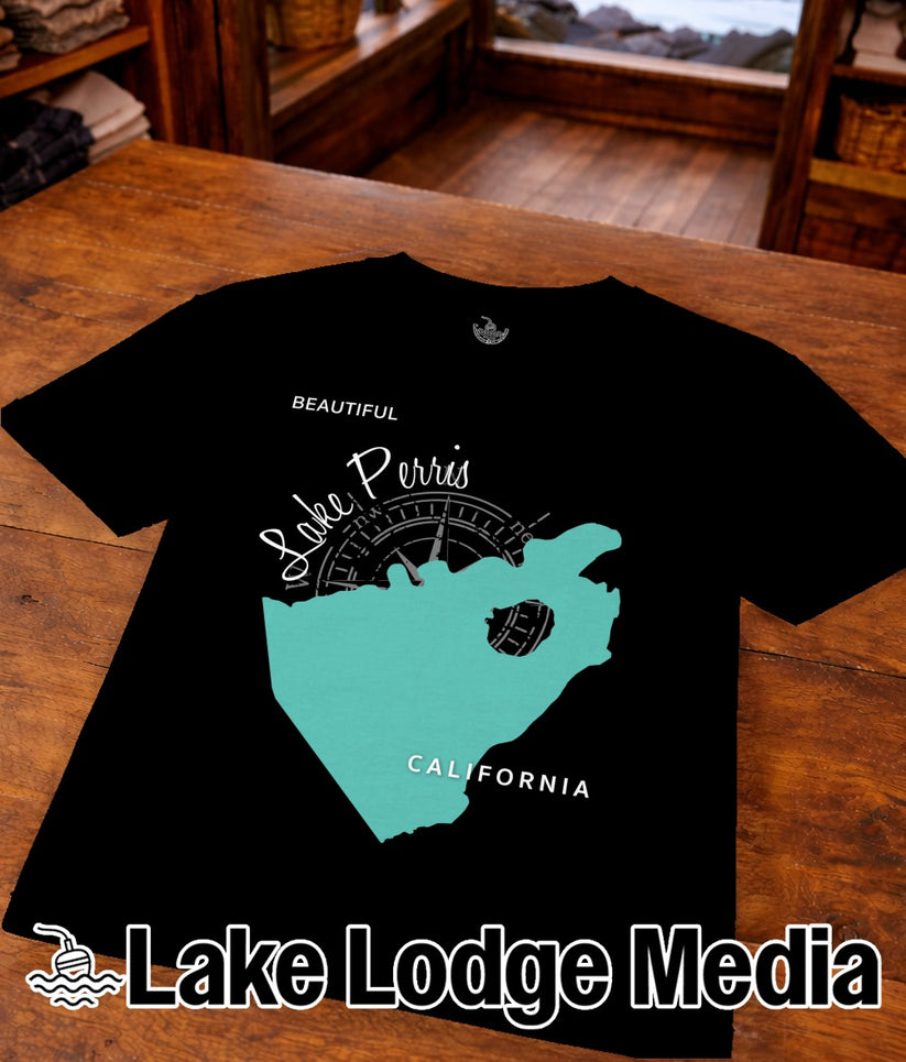 Black t-shirt with "Lake Perris California" and compass design.