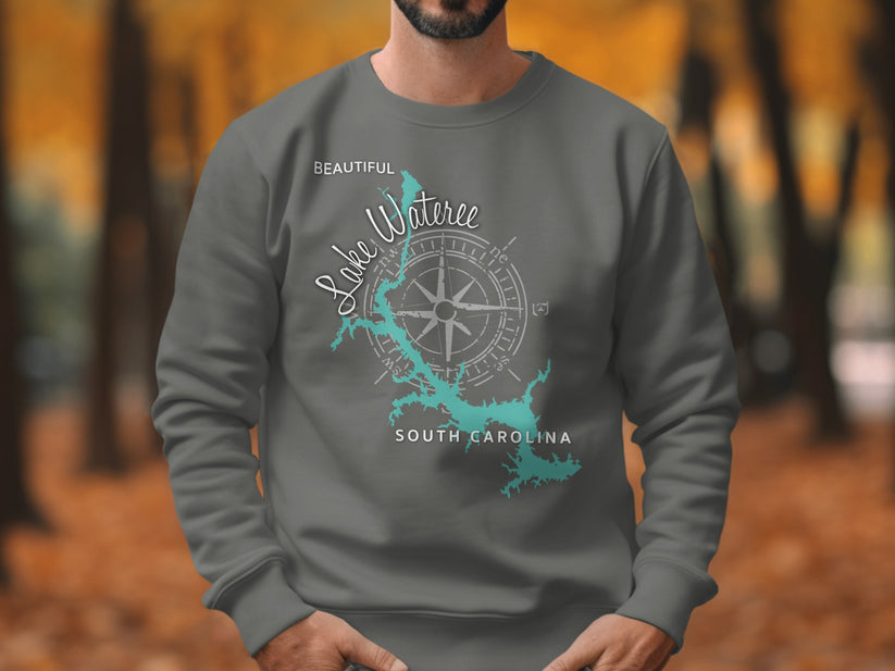 Grey sweatshirt with Lake Wateree South Carolina map and compass design.