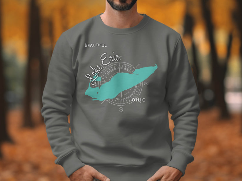 Grey sweatshirt with "Beautiful Lake Erie Ohio" map design.