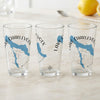 Three clear glasses display "Lake Charlevoix Michigan" and a blue map outline.