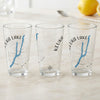 Three glasses with "Keuka Lake" text, compass design, and blue lake outline.