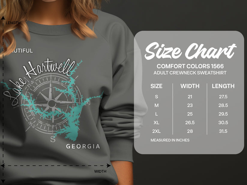 Lake Hartwell Georgia crewneck sweatshirt size chart.