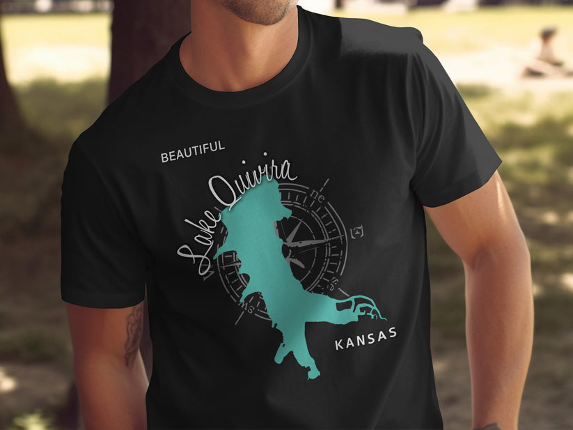 Black t-shirt with "Lake Quivira Kansas" and compass design.