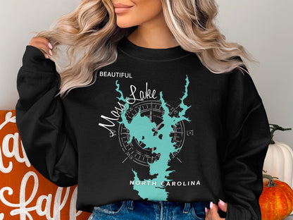 Black sweatshirt with teal compass and "Moss Lake North Carolina" map design.
