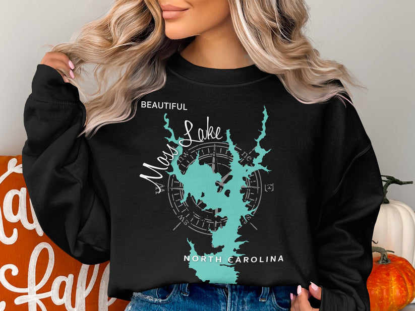 Black sweatshirt with teal compass and "Moss Lake North Carolina" map design.
