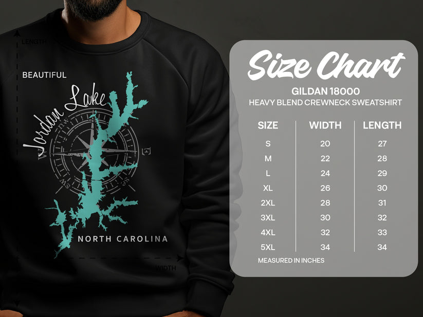 Crewneck sweatshirt with Jordan Lake, North Carolina map and size chart.