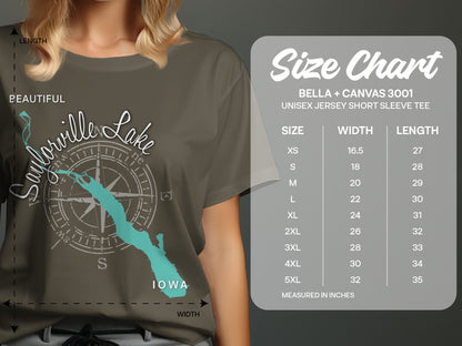 T-shirt with Saylorville Lake map design and size chart.