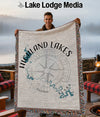 Tapestry blanket with "Highland Lakes" text, compass, and Texas map design.