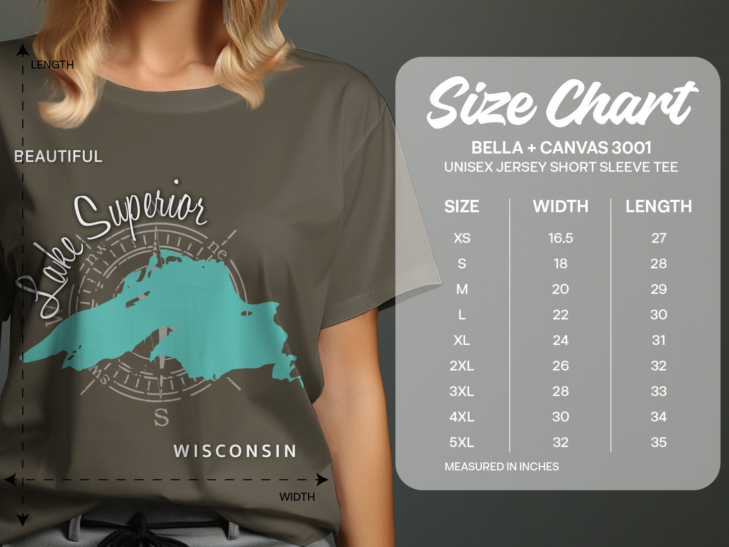 Size chart for a Bella + Canvas 3001 unisex t-shirt with Lake Superior graphic.