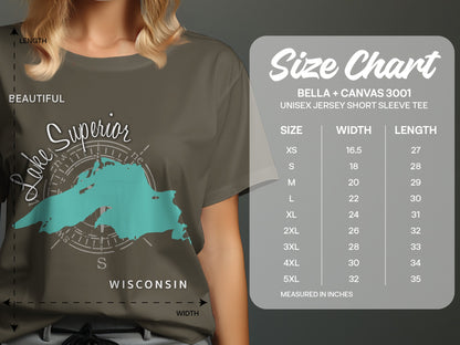 Size chart for a Bella + Canvas 3001 unisex t-shirt with Lake Superior graphic.