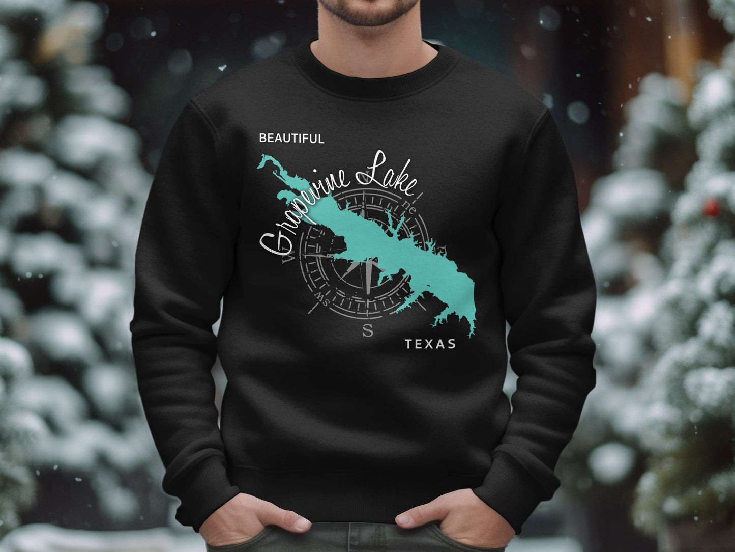Black sweatshirt with teal Granbury Lake Texas map and compass graphic.