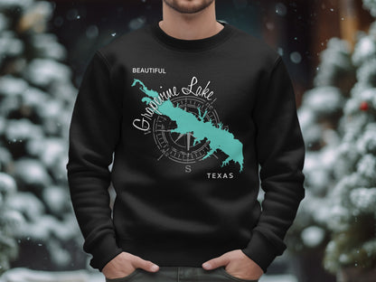 Black sweatshirt with teal Granbury Lake Texas map and compass graphic.