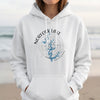 White hoodie with a blue map of Norfolk Lake, Arkansas and compass graphic.
