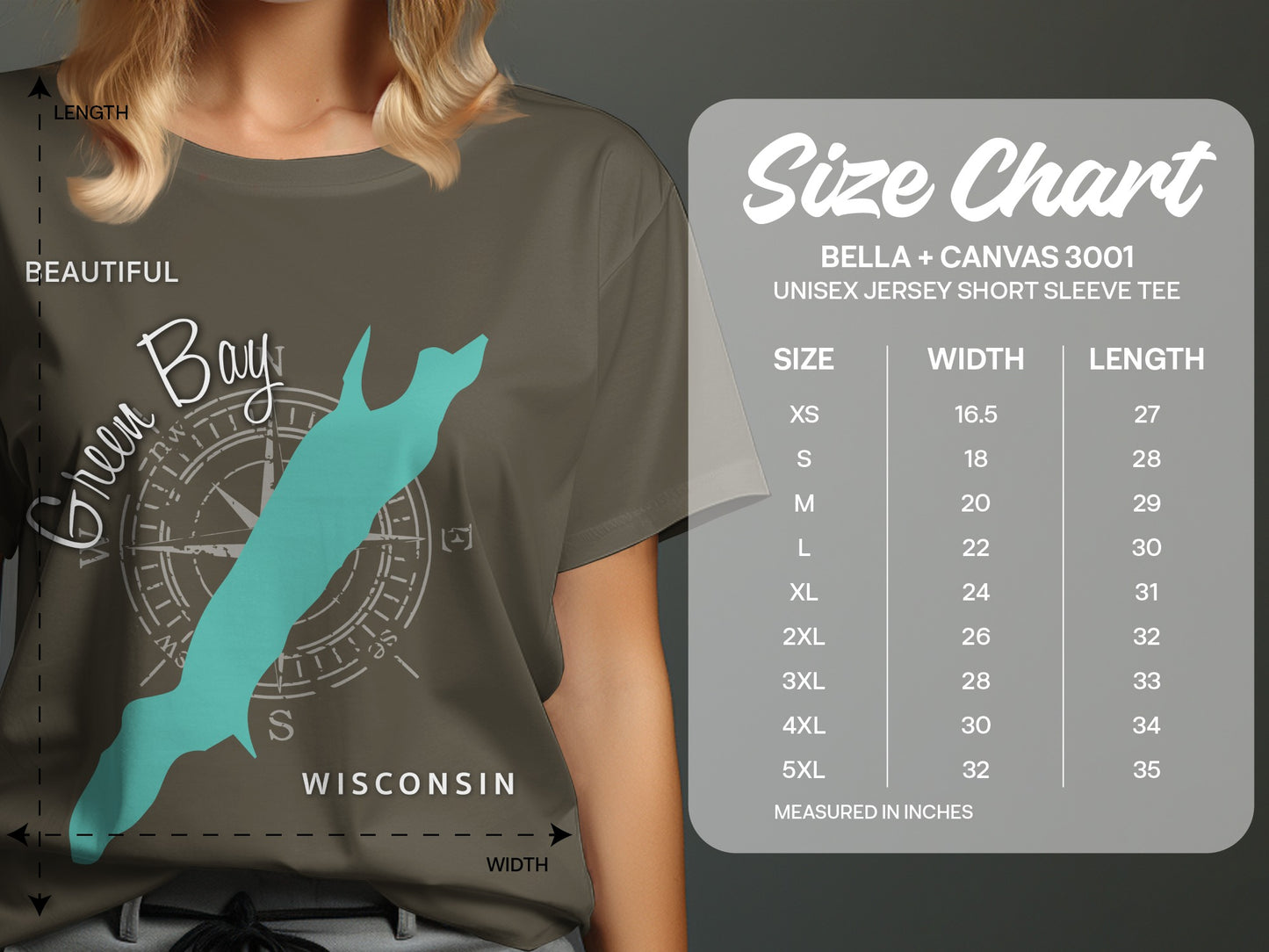 Green Bay Wisconsin t-shirt size chart with compass graphic.